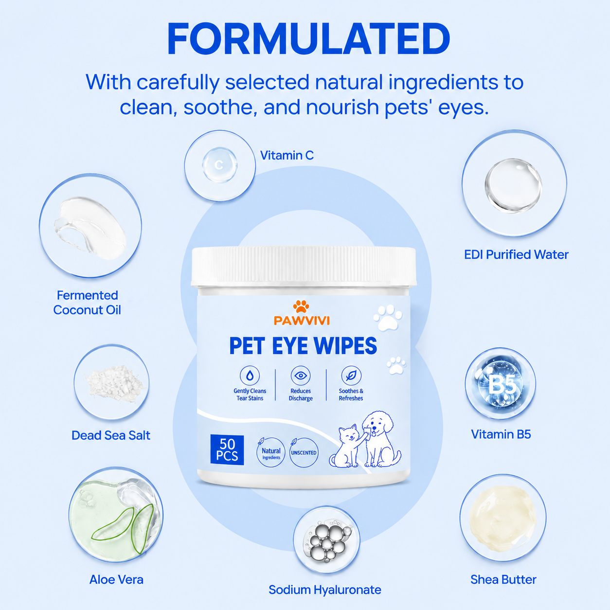 VIRGINCA  Pet Eye Wipes Tear Stain Remover 50 Pads for dogs and cats