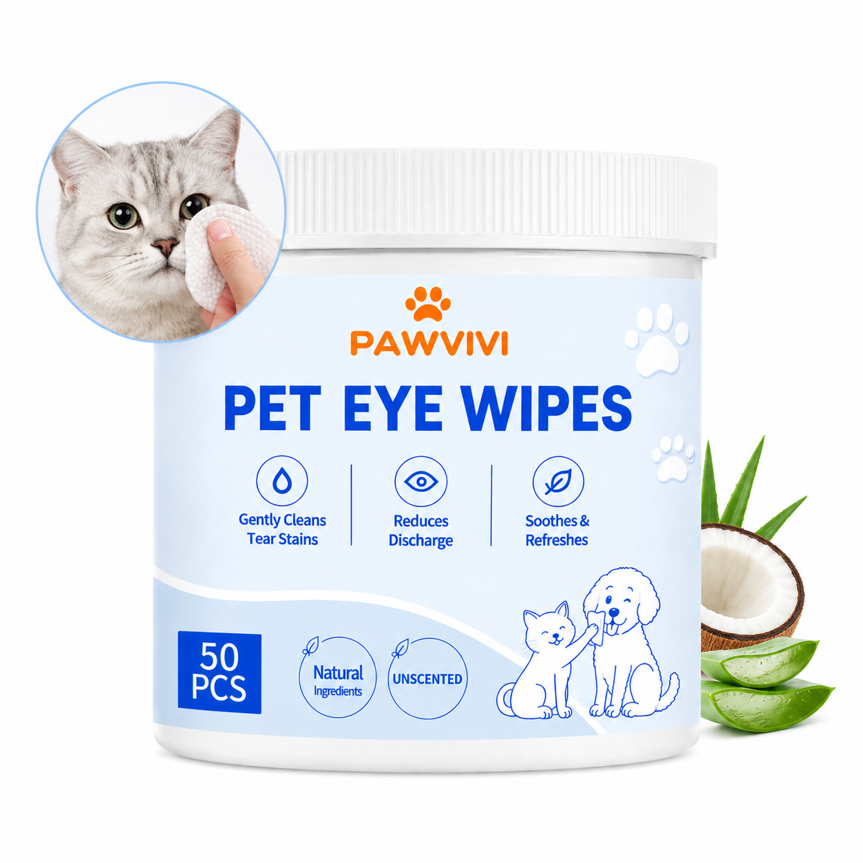 VIRGINCA  Pet Eye Wipes Tear Stain Remover 50 Pads for dogs and cats