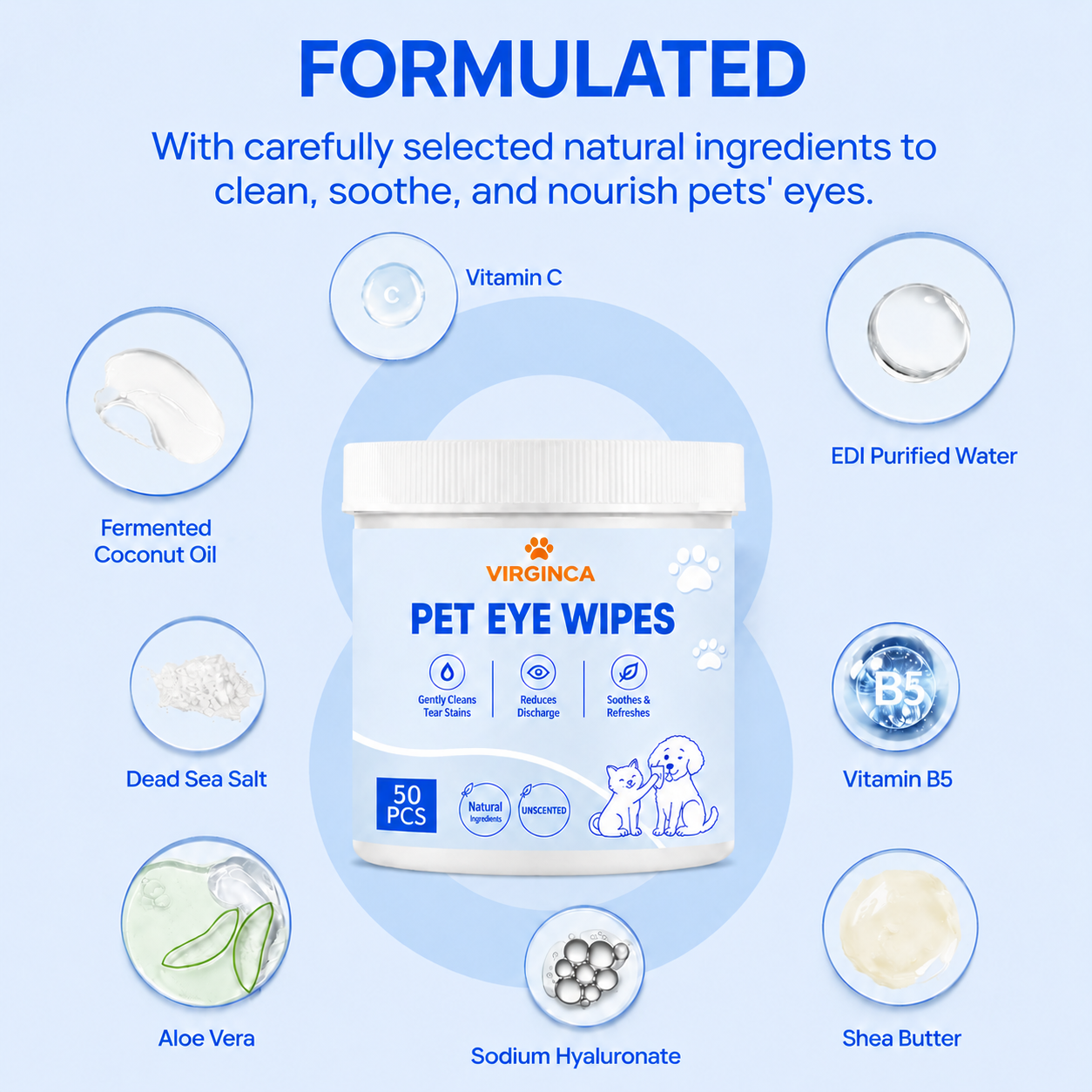Virginca Pet Eye Wipes Tear Stain Remover 50 Pads for dogs and cats